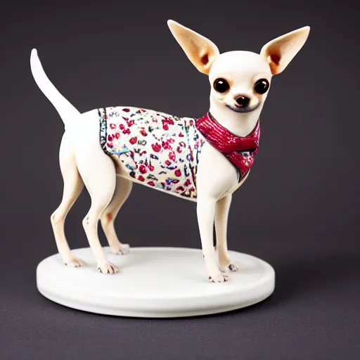 Image similar to A porcelain model of a chihuahua painted in an Emma Bridgewater pattern, style of Emma Bridgewater, sculpture, photograph, studio lighting, product photography, advertising photography, pottery, figurine, octane render –H 768