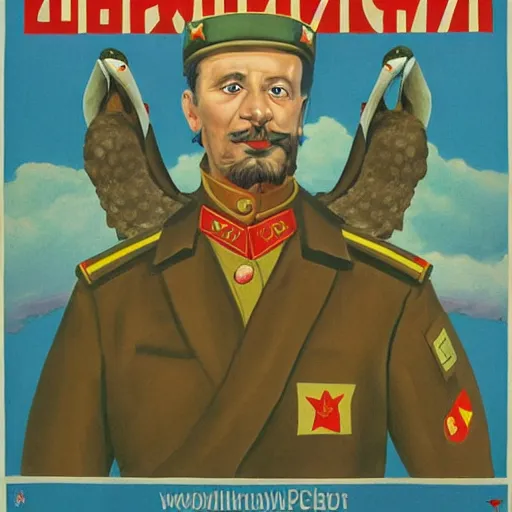 Image similar to a detailed and complex soviet propaganda poster depicting a dromaius in military uniform. painting by dmitri moor