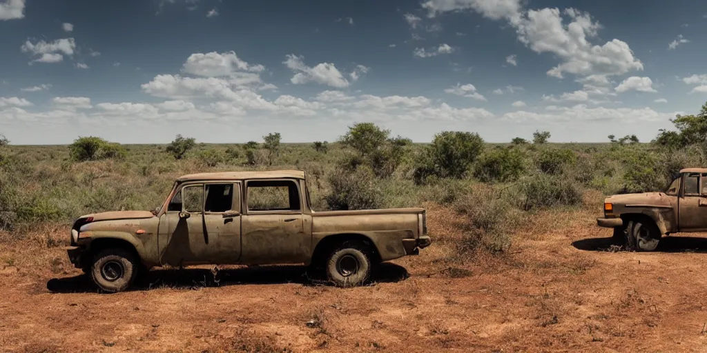 Prompt: A 4x4 pickup truck in the Savana, Extreme wide shot, matte painting