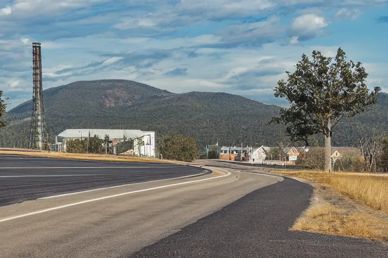 Image similar to a centered road next to warehouses, and a tree hill background with a radio tower on top, 3 0 0 mm telephoto lens