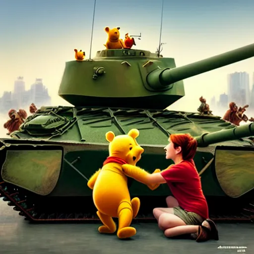 Prompt: winnie the pooh protesters sit down in front of tank at tiananman square, cute and cuddly, highly detailed, photorealistic, octane render, 8 k, unreal engine. art by artgerm and greg rutkowski and alphonse mucha