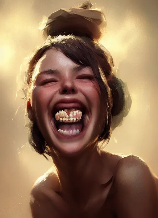 Prompt: hyper realistic photography portrait of beautiful laughing girl cinematic, vallejo, full shot, craig mullins greg rutkowski, artstation, cgsociety