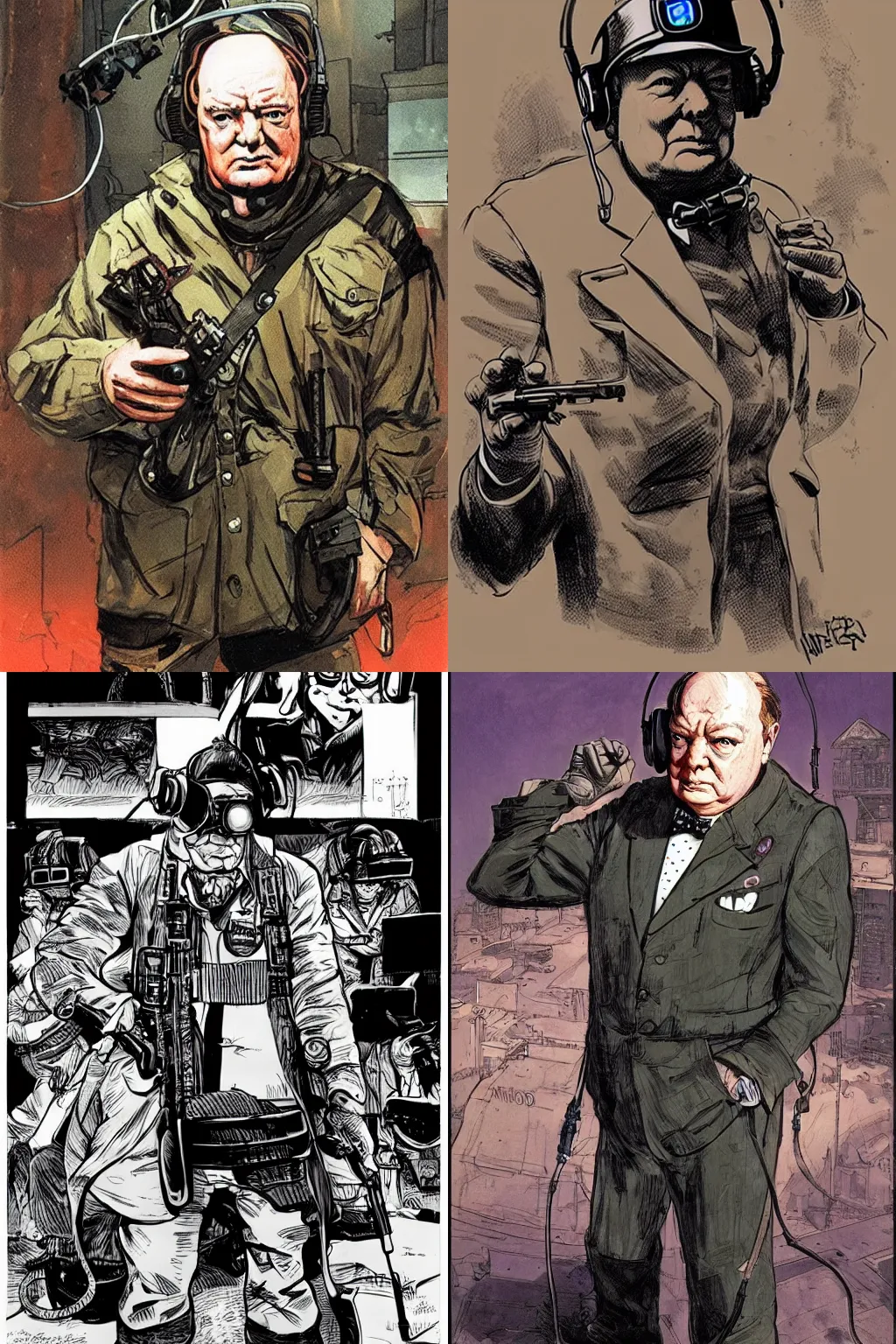 Prompt: Winston Churchill as a cyberpunk mercenary wearing a cyberpunk headset and military gear. In style of moebius.