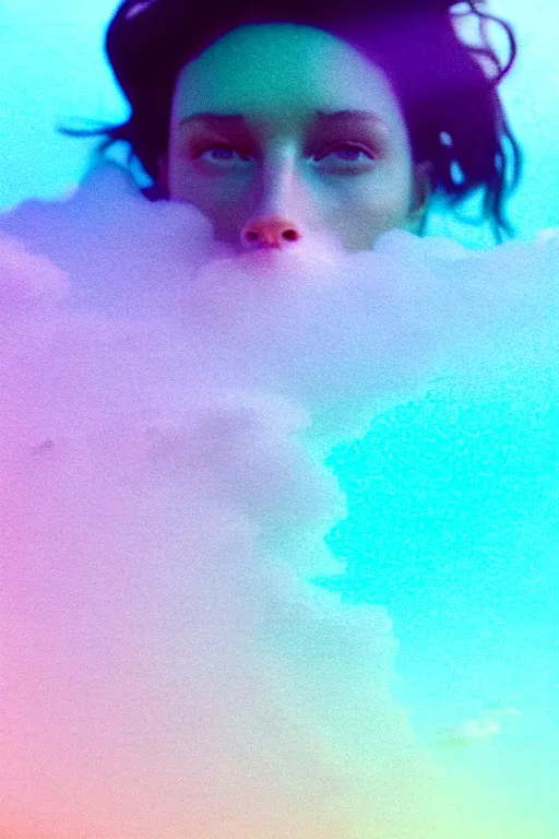 Image similar to high quality pastel coloured film close up wide angle photograph of a model wearing clothing swimming on cloud furniture in a icelandic black rock!! environment in a partially haze filled dreamstate world. three point light, rainbow. photographic production. art directed. pastel colours. volumetric clouds. pastel gradient overlay. waves glitch artefacts. extreme facial clarity. 8 k. filmic.