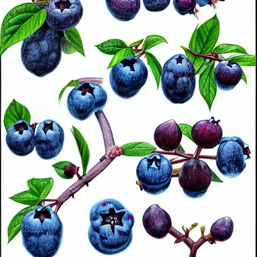 Image similar to botanical drawing of blueberry bush. Traditional art. Rustic. Nordic. 4K. Trending on artstation. Detailed Bushy. Nature. Artistic.