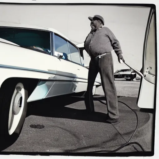 Prompt: a close-up high quality photo of a man about to pump gas into an old Buick, mid day, William Eggleston style