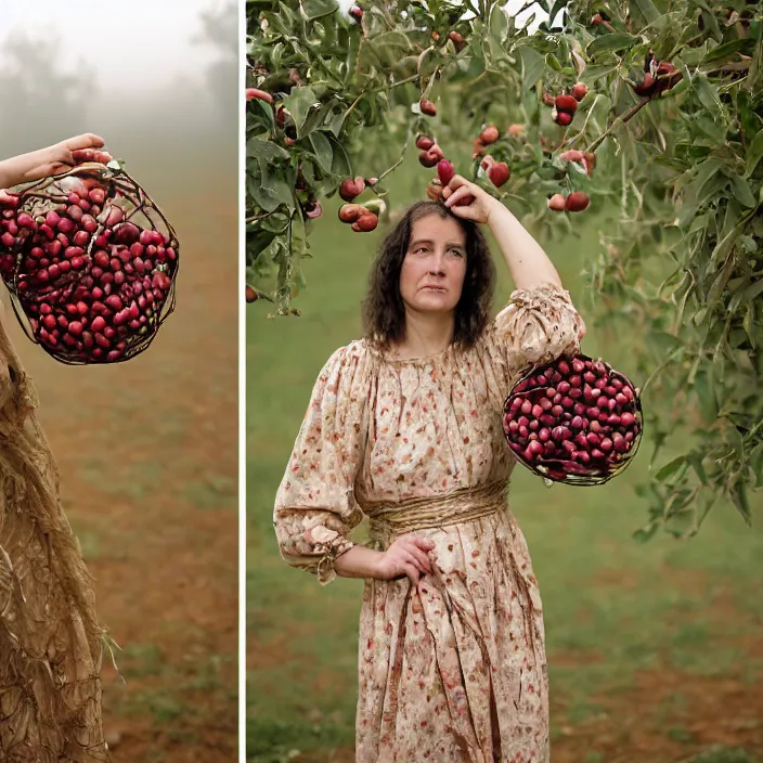 Prompt: a closeup portrait of a woman wearing a dress made of tangled twine and ribbon, picking pomegranates from a tree in an orchard, foggy, moody, photograph, by vincent desiderio, canon eos c 3 0 0, ƒ 1. 8, 3 5 mm, 8 k, medium - format print