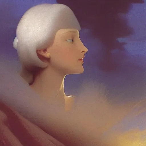 Image similar to young woman's face, her hair is white and she wears a cobalt blue duchesse satin cloak, by syd mead and moebius and roger dean and gaston bussiere and ivan aivazovsky and willem claesz and pieter claesz and paul delaroche and alma tadema and aelbert cuyp, hyperrealistic, volumetric light, octane