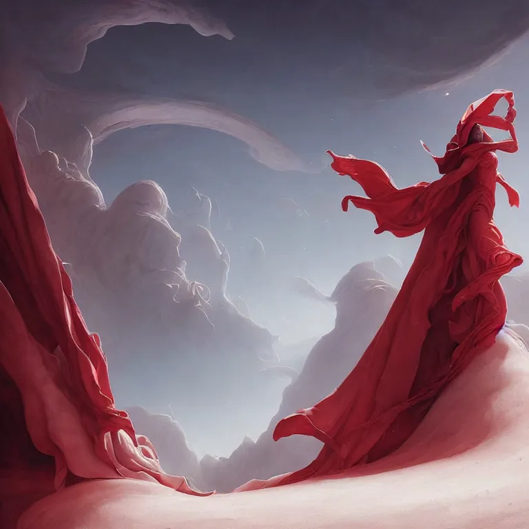 Prompt: one lone singular swirling otherworldly angel shrouded in red robes emerges from extensive barren white dunescape, matte painting by peter mohrbacher and filip hodas, background basilica! sacrecoeur!, godrays, high contrast, highly detailed, a