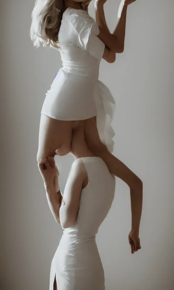 Prompt: photo of gorgeous seductive tall emily skinner cosplaying annie leonhart wearing open toe heels, wearing tight white dress, in a white room, beautiful face, pale skin, rule of thirds, cinematic lighting, sharp focus, backlit, stunning, smooth, hard focus, full body shot, studio photo, shot on sony a 7 iii