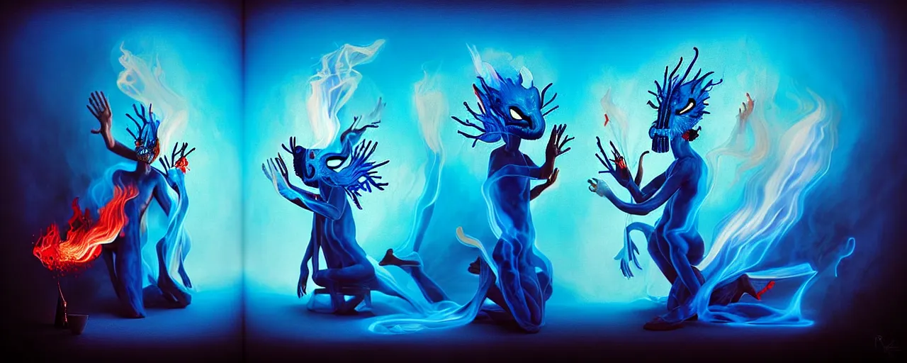 Image similar to whimsical blue fiery alchemical creatures, surreal dark uncanny painting by ronny khalil