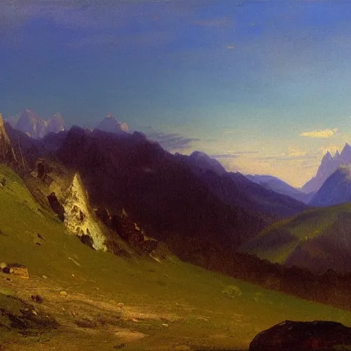 Image similar to vast valley in the alps with low clouds and blue sky, oil painting by albert bierstadt, artstation, 4 k, detailed,