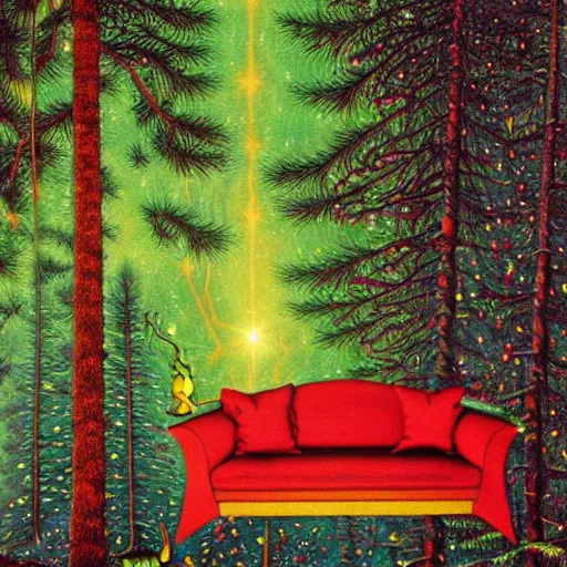 Image similar to psychedelic couch sofa in the pine forest, milky way, designed by moebius, rob gonsalves, gustav dore, giuseppe arcimboldo and carl barks, louis wain, trending on artstation, canada, star, sharp focus, colorful refracted sparkles and lines, soft light, 8 k 4 k