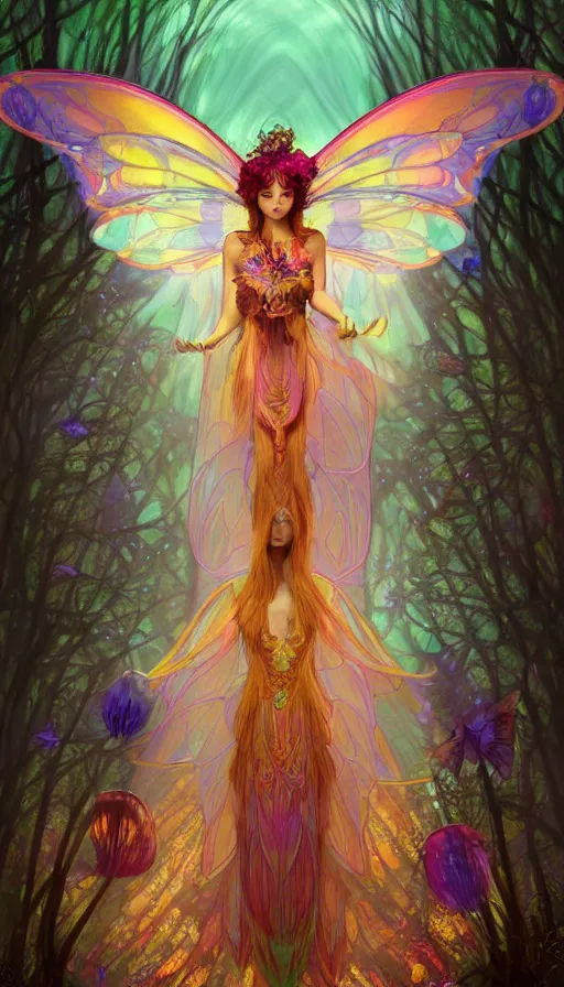 Image similar to a colorful and provenance and stunningly beautiful female faerie priestess in amanita muscaria forest landscape, symmetrical wings on back, neon hair, fantasy art, wearing a dress of gossamer gold, dark light night, sharp focus, digital painting, 4 k, concept art, art by charlie bowater and alphonse mucha, brom, face by otto schmidt