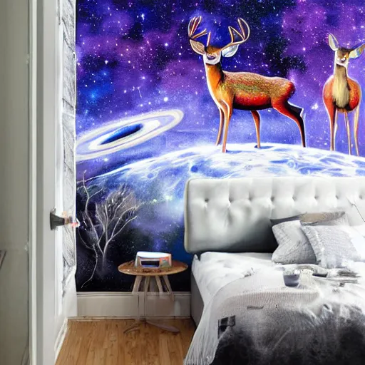 Image similar to wild deer in space, mural art