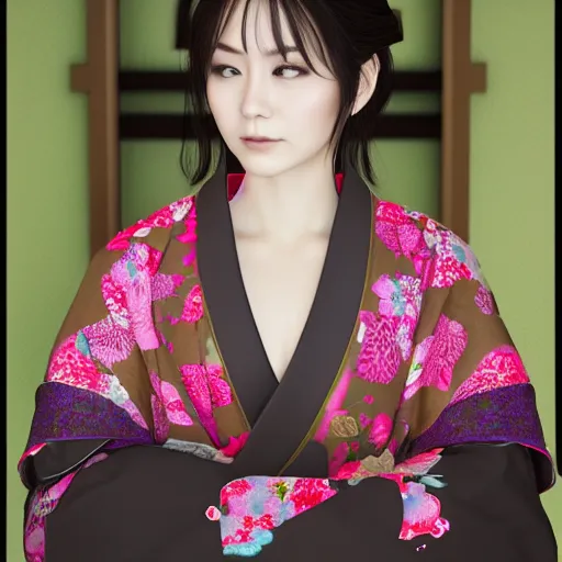 Prompt: Japanese Emma Bernache wearing kimono, realistic, photo studio, HDR, 8k, trending on artstation