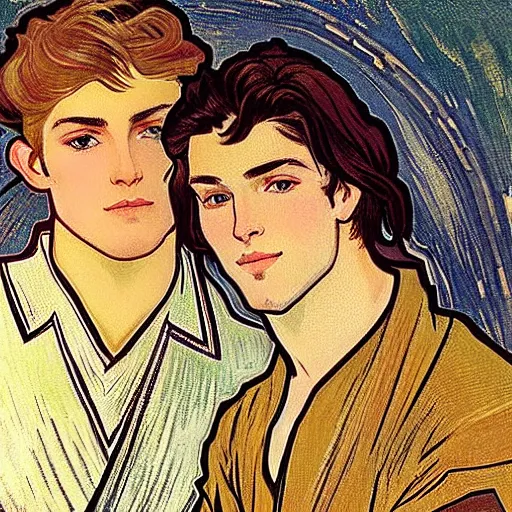 Prompt: closeup portrait of two male friends!, a young cute handsome human vidar with short brown messy pompadour hair together with a young handsome beautiful delicate longhaired pale elf taehyung with long wavy dark gorgeous long hair, long hairstyle, wearing armor!, modest!, cleanshaven!, stylish armor, art by alphonse mucha, vincent van gogh