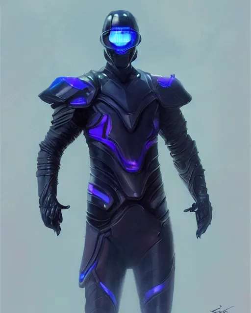 Prompt: character concept of iridescent sinewy smooth muscular male sleek glossy indigo black pearlescent scifi armor with continuous smooth black featureless helmet, by greg rutkowski, mark brookes, jim burns, tom bagshaw, magali villeneuve, trending on artstation