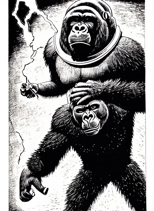 Prompt: a gorilla wearing a space helmet throwing lightning from his hands, as a d & d monster, full body, pen - and - ink illustration, etching, by russ nicholson, david a trampier, larry elmore, 1 9 8 1, hq scan, intricate details, inside stylized border