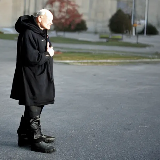 Prompt: john paul ii standing in a black hoodie, black cargo pants and high black boots, evening, dark