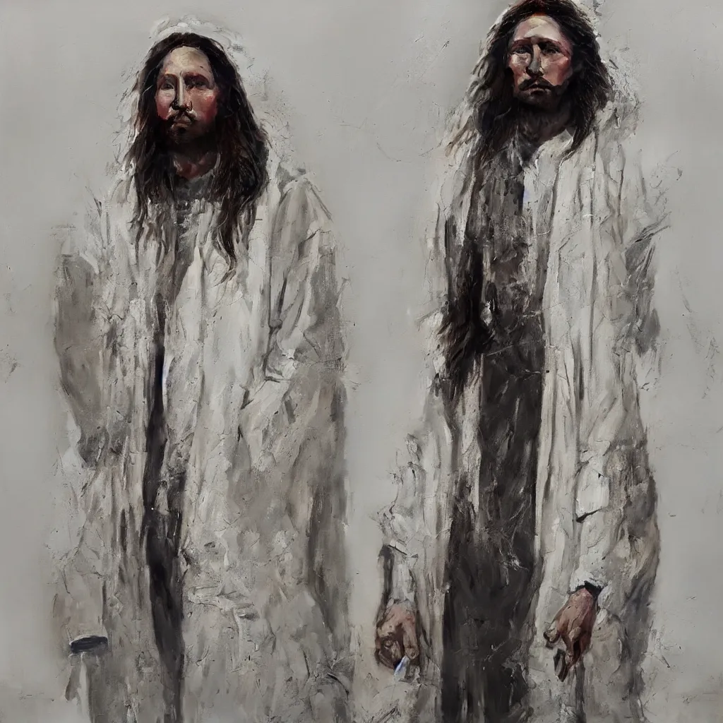Image similar to a full body lookbook portrait of modern - day jesus wearing cream yeezy menswear collection by nicola samori, hat and hoodie, detailed, oil painting, hyper realistic, 8 k, yeezy collection