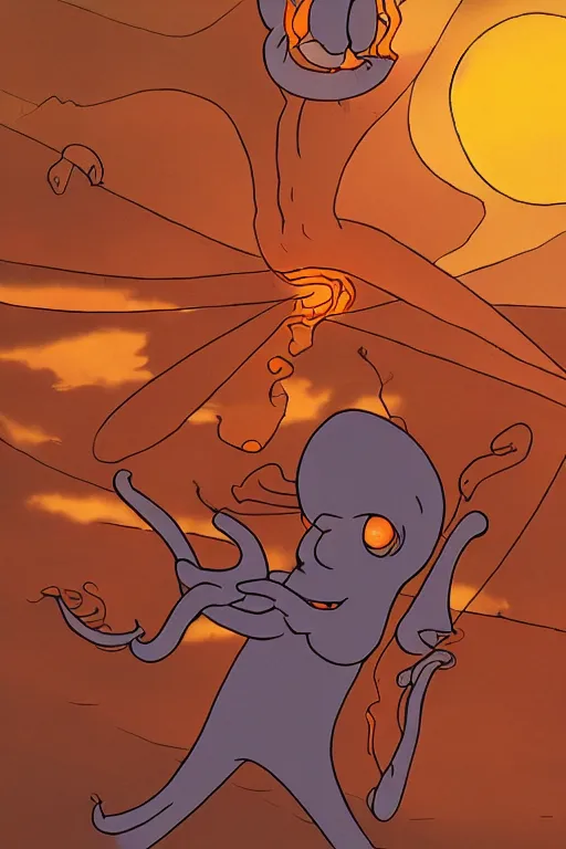 Prompt: squidward firebending outside at susnset, art by [ [ moebius ] ]