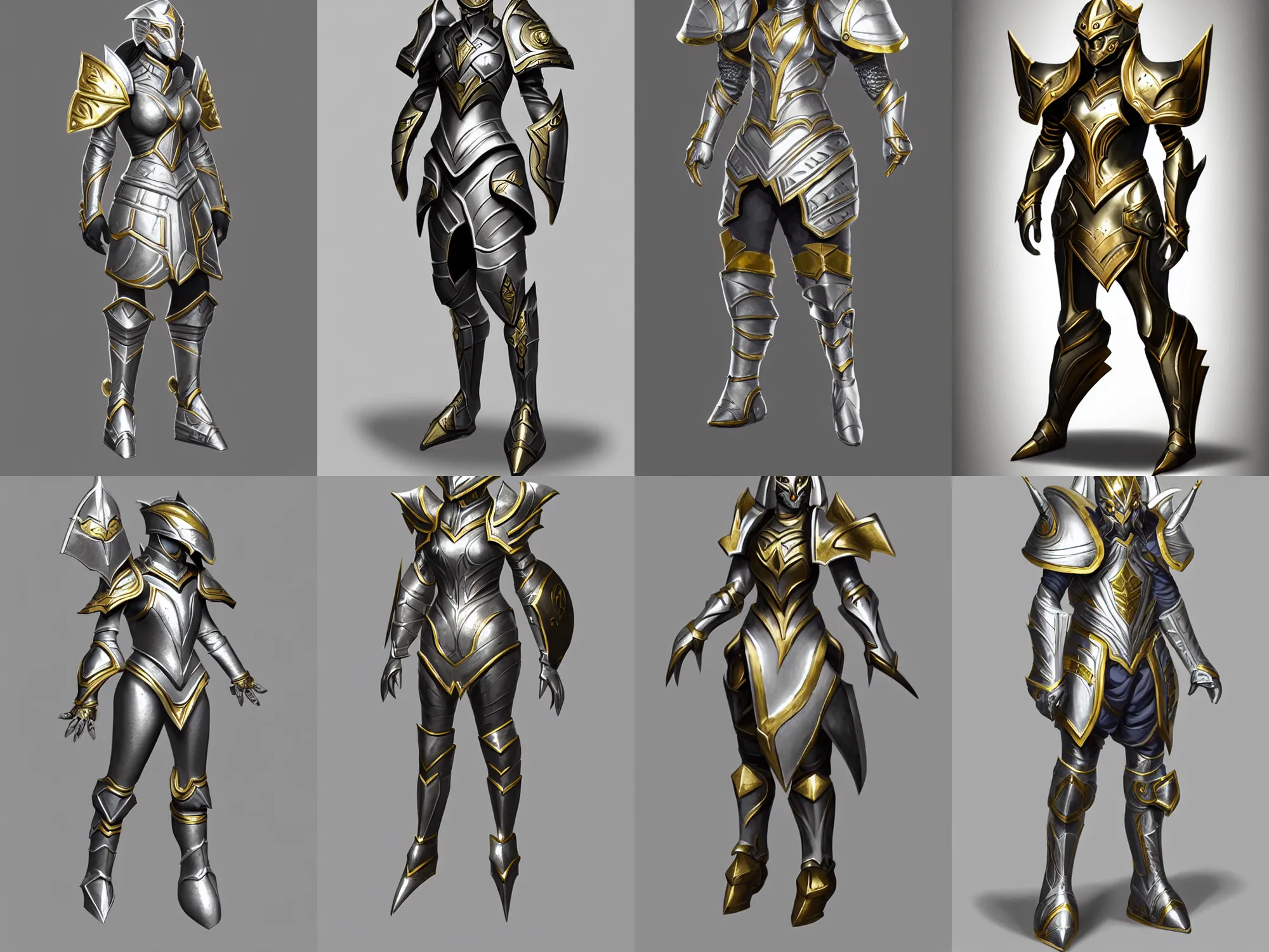 Prompt: legendary armor, silver with gold trim, extremely polished, exaggerated proportions, trending on polycount, fantasy character portrait, professional concept art, front view, A-pose, full body