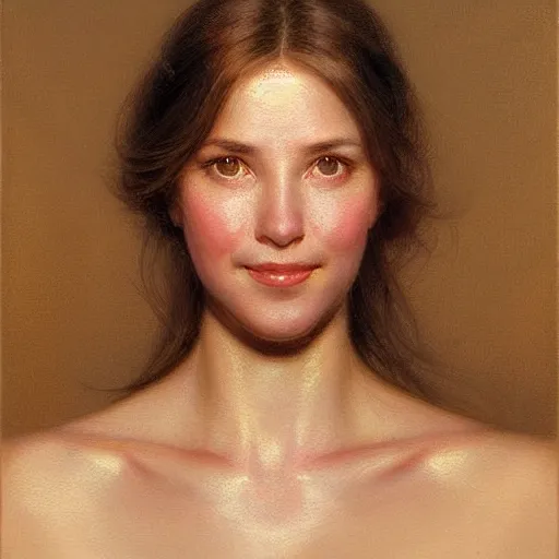 Prompt: Facial portrait of a cute shy woman, looking away from the camera, seductive smile, sparkle in eyes, mouth slightly open, lips slightly parted, long flowing hair, no hands visible, intricate, extremely detailed painting by Henry Justice Ford and by Greg Rutkowski and by Moebius, golden hour