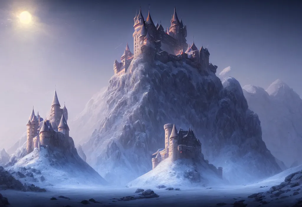 Prompt: large castle in between two mountains, covered in snow, epic blue sky, cinematic view, concept art, high detail, well lit, volumetric, godrays, vivid, trending on artstation, by jordan grimmer, art greg rutkowski