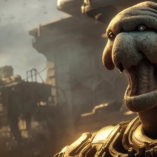 Prompt: squidward squidward in gears of war, splash art, movie still, detailed face, photorealistic facial features, cinematic lighting, dramatic, octane render, long lens, shallow depth of field, bokeh, anamorphic lens flare, 8 k, hyper detailed, 3 5 mm film grain