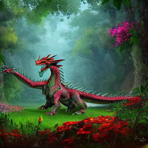 Prompt: a dragon made out of flowers, in a forest glade, 4 k digital artwork, concept art