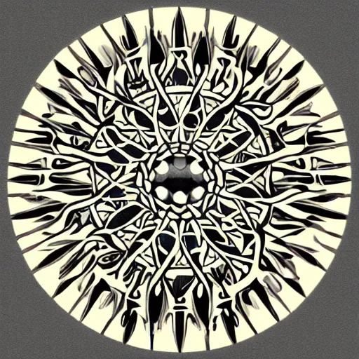 Image similar to a circular vector tattoo design. spiky, curvilinear, recursive.