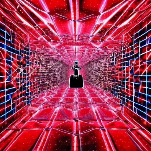 Prompt: dark matter red art house future alone man going limbo hipper cubes reflection in the mirror maze schizophrenia and stratification of consciousness mind man full HD 8K resolution