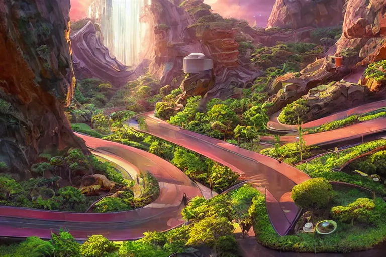Image similar to futuristic cyberpunk city, advance civilization, luxurious streets, with lush Italian sakura garden located on Waimea canyon in Kauai, rocks formed by water erosion, beautiful smooth sandstone in unique shapes with light beams that shine through its walls, polish narrow slots of walls into a striated swirling finish, digital painting, concept art, smooth, sharp focus, from Star Trek 2021, illustration, by WLOP and Ruan Jia and Mandy Jurgens and William-Adolphe Bouguereau, Artgerm