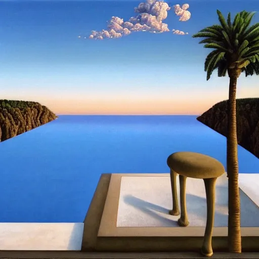 Prompt: David Ligare masterpiece, gold rings, hyperrealistic surrealism, award winning masterpiece with incredible details, beautiful lighting, pool caustics, illuminated orbs, epic stunning, infinity pool, a surreal vaporwave liminal space, highly detailed, trending on ArtStation, broken giant marble head statue ruins, calming, meditative, geometric liminal space, palm trees, very vaporwave, very very surreal, sharp details