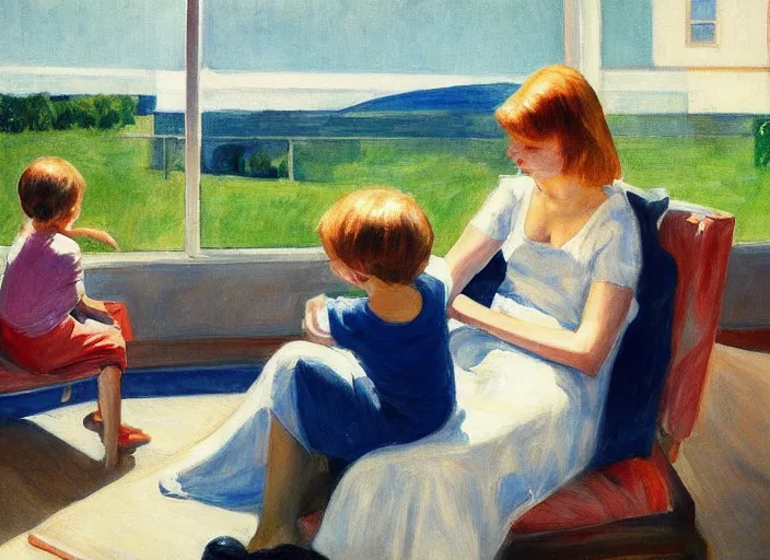 Image similar to detailed painting of mother with two sons aged 6 and 9 on vacation in the druskininkai resort by edward hopper