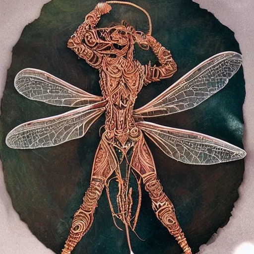 Image similar to brown woman wearing a translucent dragonfly armor. intricate. super detailed. layered. textured. award winning. dispersion of light. refracted lighting. soft. fragile.