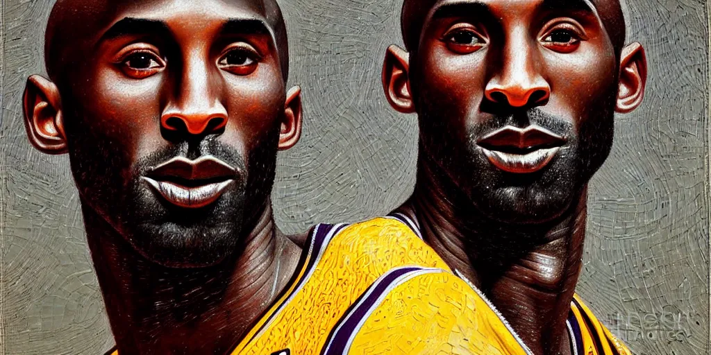 Image similar to portrait of kobe bryant with detailed, textured skin and piercing eyes, by nikolay makovsky