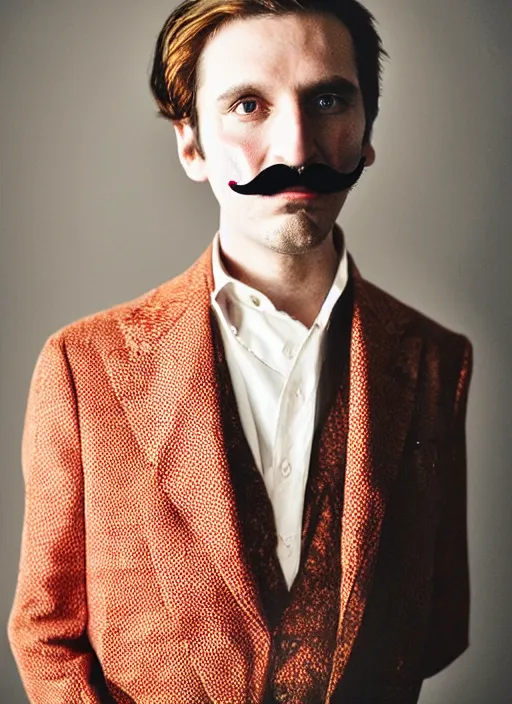 Prompt: a fashion portrait photograph of a man with a moustache art directed by Wes Anderson, 35mm, pentax, studio lighting