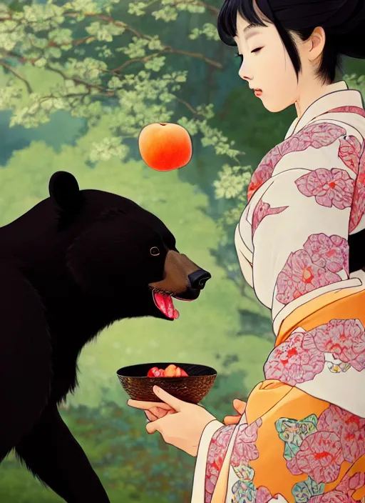 Image similar to painting of a girl wearing a kimono giving a peach to a large anthropomorphic asian black bear, featured in artstation, artgerm, octane render, cinematic, elegant, intricate, 8 k, close up, in the style of studio ghibli and heikala and alphonse mucha,