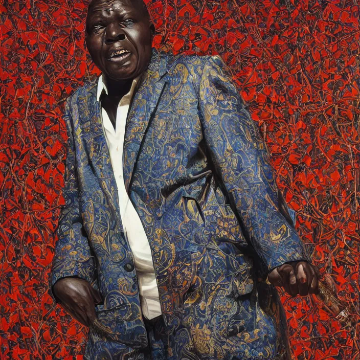 Image similar to a painting of a XXL wise elder from Kenya in a suit by Kehinde Wiley . dramatic angle, ethereal lights, details, smooth, sharp focus, illustration, realistic, cinematic, artstation, award winning, rgb , unreal engine, octane render, cinematic light, macro, depth of field, blur, red light and clouds from the back, highly detailed epic cinematic concept art CG render made in Maya, Blender and Photoshop, octane render, excellent composition, dynamic dramatic cinematic lighting, aesthetic, very inspirational, arthouse.