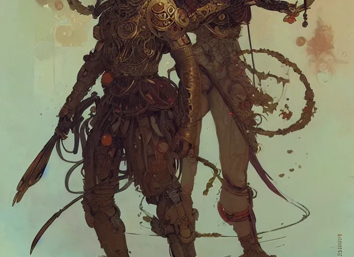 Image similar to full body shot of an ancient warrior by james jean, jakub rebelka, tran nguyen, peter mohrbacher, yoann lossel, wadim kashin