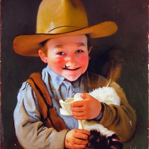 Prompt: young boy in coonskin hat holding milk glass, milk moustache, smiling, daniel boone style hat, painting style of norman rockwell