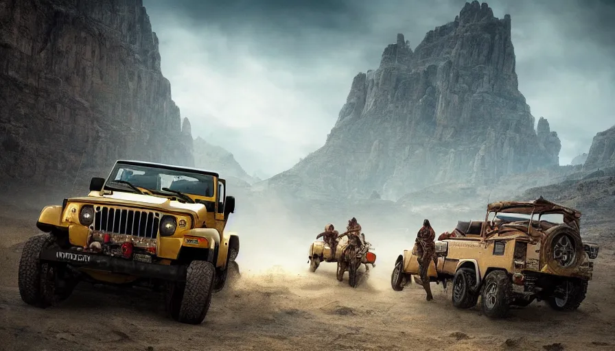 Image similar to Mahindra thar, tribe members attacking, action scene, an epic fantasy, dramatic lighting, cinematic, establishing shot, extremely high detail, photorealistic, cinematic lighting, artstation, matte painting, by christopher nolan, horizon forbidden west