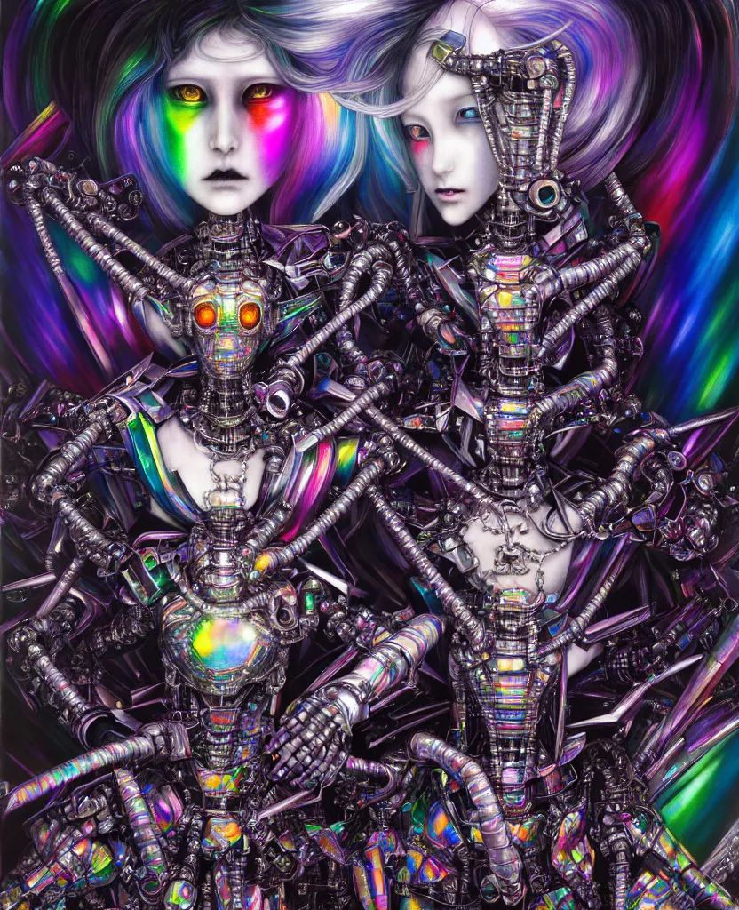 Image similar to realistic detailed image of ultra wrathful rainbow diamond iridescent mega chromed female robot, depth perception, depth of field, action horror by ayami kojima, neo - gothic, gothic, part by adrian ghenie and gerhard richter. art by hajime sorajama, masterpiece