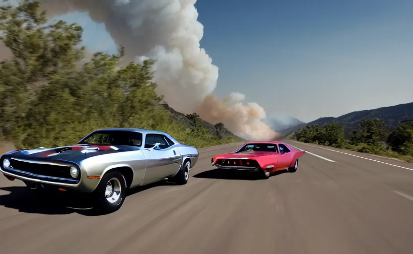 Prompt: a silver 1 9 7 0 plymouth ‘ cuda hemi super track pack driving on a freeway. fire explosion in the background, action scen. realistic. high resolution. dramatic