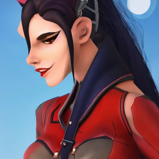 Image similar to widowmaker overwatch in the desert riding on a horse, black and red jacket, collar around neck, very detailed face, feminine face, full body