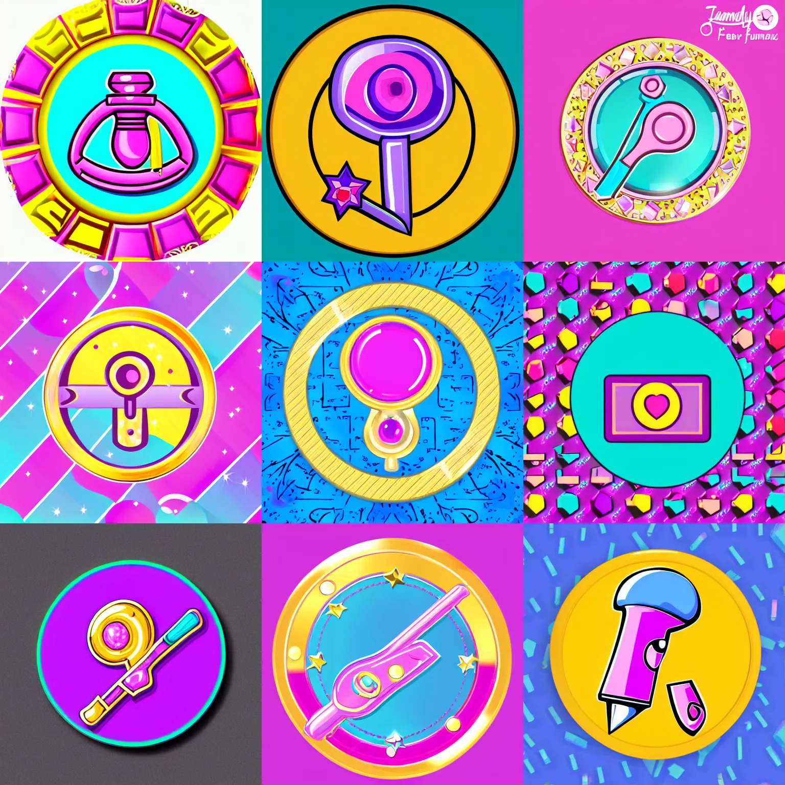 Prompt: 🔨 girly hammer icon designed by lisa frank, vector graphics forum badge, svg, transparent background, cute, metal, enamel, cloissonne, vintage, guilloche, gem stones, gilt, swarovski, circular