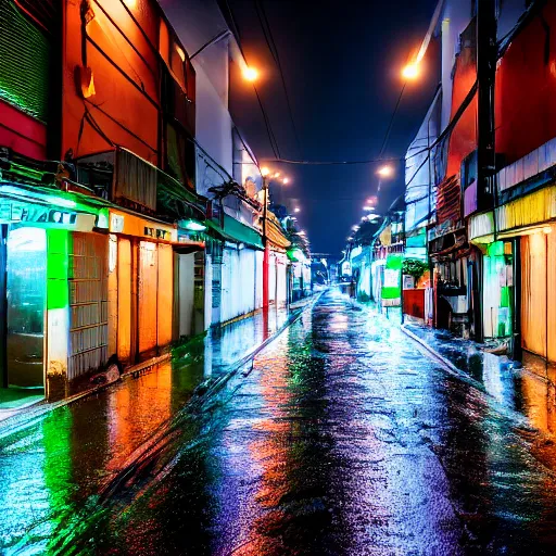 Image similar to rain - soaked alley with messy overhead cables in yongsan district, seoul, south korea, award winning photograph 4 k hd, night - time