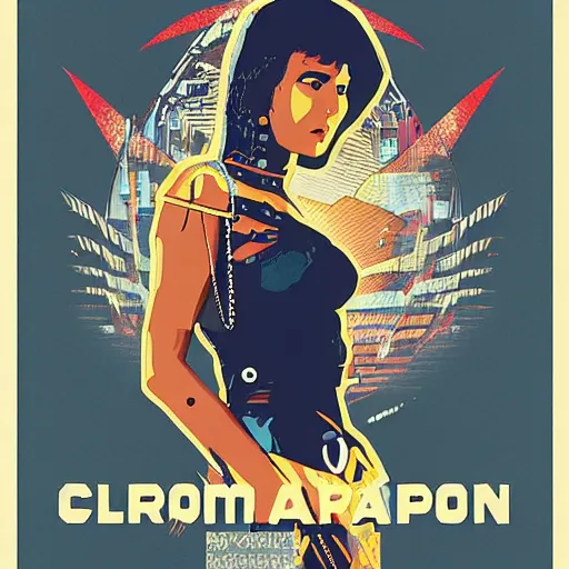 Prompt: criterion collection Poster art for the film Cleopatra the Cyberpunk assassin ,sticker design vector